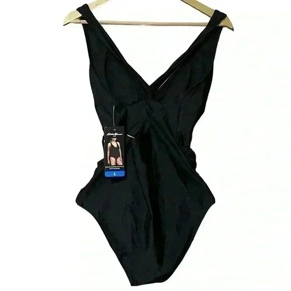 Eddie Bauer L Black Swimsuit One Piece Shaping Ruched Criss Cross Back NWT - Picture 4 of 8